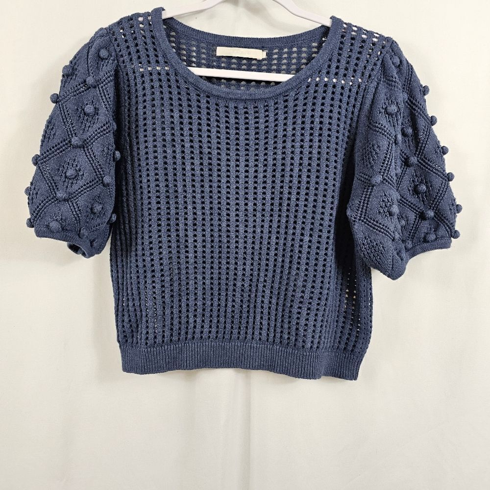 One Grey Day Open Popcorn Sleeve Open Knit Sweater in Blue - Size L